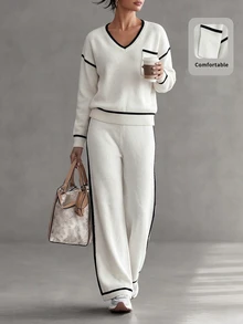 SHEIN Women's Colorblock Long Sleeve Top And Pants Knit Set - White - View 3