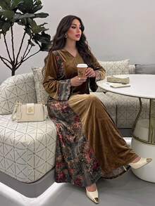 Al Najma Women's Autumn Vintage Floral Print Patchwork V-Neck Loose Modest Long Sleeve Dress - Khaki - View 1