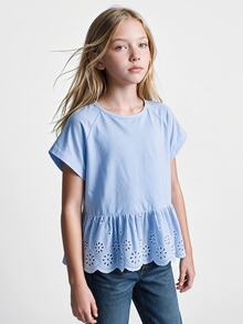 Maija Kids Maija Kids Girls Blue Raglan Sleeve Hollow Out Embroidery Ruffle Hem T-Shirt, Suitable For Vacation, Casual Outings, Blue Floral Hem, Tween Girls Casual T-Shirt - Blue - View 3