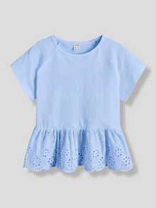 Maija Kids Maija Kids Girls Blue Raglan Sleeve Hollow Out Embroidery Ruffle Hem T-Shirt, Suitable For Vacation, Casual Outings, Blue Floral Hem, Tween Girls Casual T-Shirt - Blue - View 2