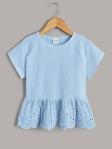 Maija Kids Maija Kids Girls Blue Raglan Sleeve Hollow Out Embroidery Ruffle Hem T-Shirt, Suitable For Vacation, Casual Outings, Blue Floral Hem, Tween Girls Casual T-Shirt - Blue - View 1