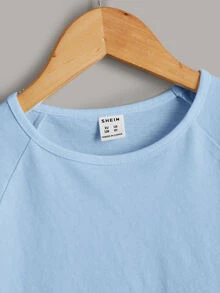 Maija Kids Maija Kids Girls Blue Raglan Sleeve Hollow Out Embroidery Ruffle Hem T-Shirt, Suitable For Vacation, Casual Outings, Blue Floral Hem, Tween Girls Casual T-Shirt - Blue - View 5