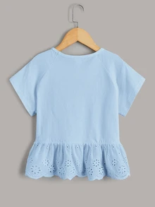 Maija Kids Maija Kids Girls Blue Raglan Sleeve Hollow Out Embroidery Ruffle Hem T-Shirt, Suitable For Vacation, Casual Outings, Blue Floral Hem, Tween Girls Casual T-Shirt - Blue - View 4