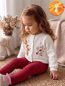 SHEIN Vintaside Kids 2Pcs Baby Girl Cardigan Pants Cute Sweet White Red Bunny Floral Embroidered Ribbed Knit Long Sleeve Round Neck Birthday Party Fall Princess Cozy Set - Red - View 1