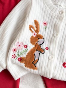 SHEIN Vintaside Kids 2Pcs Baby Girl Cardigan Pants Cute Sweet White Red Bunny Floral Embroidered Ribbed Knit Long Sleeve Round Neck Birthday Party Fall Princess Cozy Set - Red - View 6