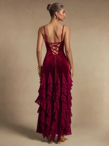 Silquee Women's Solid Color Ruffle Hem Slit Design Casual Summer Spaghetti Strap Dress Winter Outfit For Women Elegant Dress For Women Velvet Ruffle Dress - Burgundy - View 3