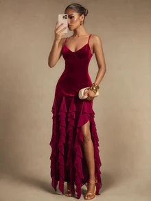 Silquee Women's Solid Color Ruffle Hem Slit Design Casual Summer Spaghetti Strap Dress Winter Outfit For Women Elegant Dress For Women Velvet Ruffle Dress - Burgundy - View 5