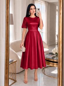 Auveirra Plus Size Women Solid Color Pleated Elegant Waist-Cinching Party Formal Dinner Dress Red Summer Christmas - Burgundy - View 3