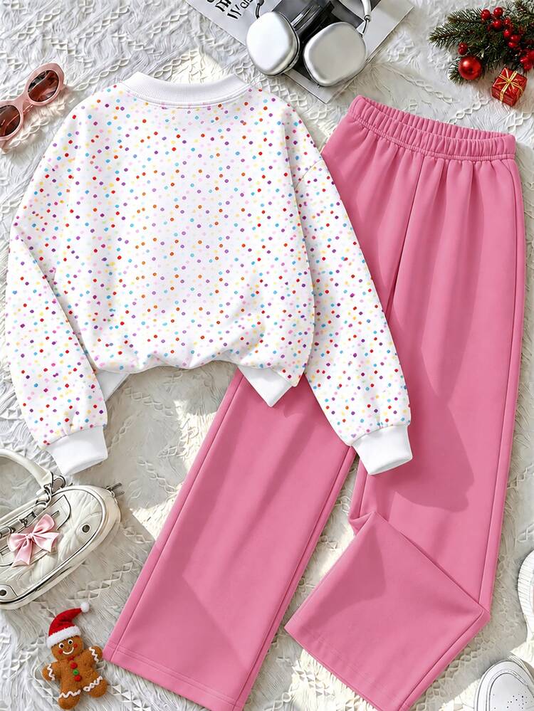 Girls' Autumn/Winter Sweet & Cute Ice Cream Print Sweatshirt Set, White & Colorful Polka Dot Crew Neck Long Sleeve Loose Top With Pink Elastic Waist Wide Leg Pants, 2 Pieces Casual Sports Outfit, Comfortable & Versatile, Suitable For School, Daily Wear, Vacation, Birthday Party & Holiday - Multicolor - View 2
