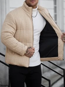 Manfinity CasualCool Men's Textured Quilted Padded Coat | Stand Collar Zipper Placket Webbing Trim Autumn/Winter Commute Casual Padded Coat - Apricot - View 8