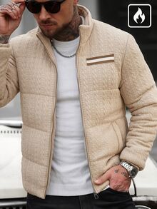 Manfinity CasualCool Men's Textured Quilted Padded Coat | Stand Collar Zipper Placket Webbing Trim Autumn/Winter Commute Casual Padded Coat - Apricot - View 4