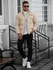 Manfinity CasualCool Men's Textured Quilted Padded Coat | Stand Collar Zipper Placket Webbing Trim Autumn/Winter Commute Casual Padded Coat - Apricot - View 3