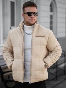 Manfinity CasualCool Men's Textured Quilted Padded Coat | Stand Collar Zipper Placket Webbing Trim Autumn/Winter Commute Casual Padded Coat - Apricot - View 5
