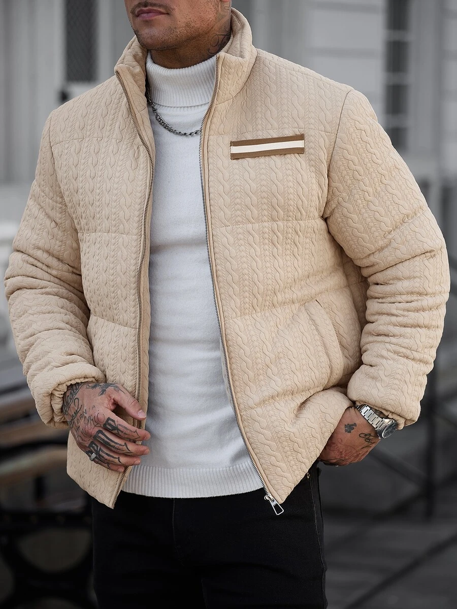 Manfinity CasualCool Men's Textured Quilted Padded Coat | Stand Collar Zipper Placket Webbing Trim Autumn/Winter Commute Casual Padded Coat - Apricot - View 1