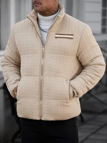 Manfinity CasualCool Men's Textured Quilted Padded Coat | Stand Collar Zipper Placket Webbing Trim Autumn/Winter Commute Casual Padded Coat - Apricot - View 7