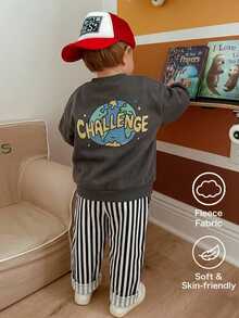 SHEIN Kids Young Boy Knitted Crew Neck Printed Casual Sweatshirt And Woven Striped Long Autumn Pants 2-Piece Set - Multicolor - View 1
