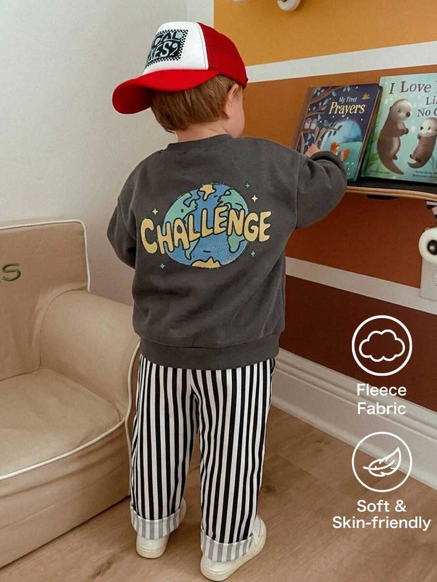 SHEIN Kids Young Boy Knitted Crew Neck Printed Casual Sweatshirt And Woven Striped Long Autumn Pants 2-Piece Set - Multicolor - View 1