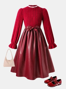 SHEIN Tween Girl Knit Solid Color Small Stand Collar Patchwork Woven Solid Color PU Leather Hem Casual Dress - Multicolor - View 7