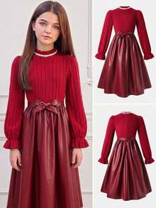 SHEIN Tween Girl Knit Solid Color Small Stand Collar Patchwork Woven Solid Color PU Leather Hem Casual Dress - Multicolor - View 3
