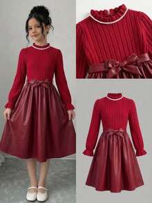 SHEIN Tween Girl Knit Solid Color Small Stand Collar Patchwork Woven Solid Color PU Leather Hem Casual Dress - Multicolor - View 1