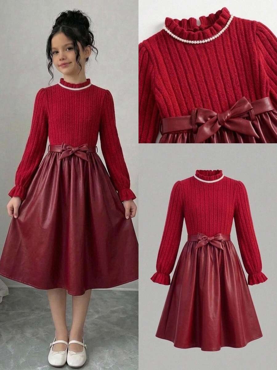 SHEIN Tween Girl Knit Solid Color Small Stand Collar Patchwork Woven Solid Color PU Leather Hem Casual Dress - Multicolor - View 1