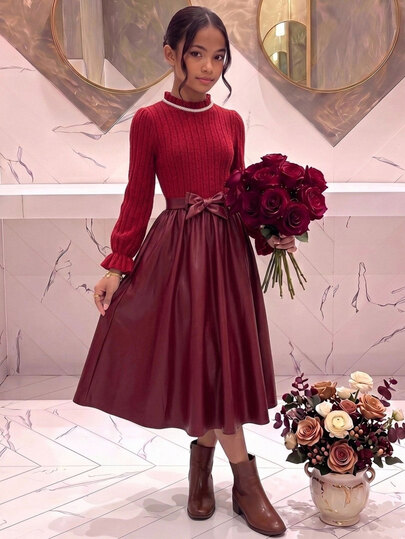 SHEIN Tween Girl Knit Solid Color Small Stand Collar Patchwork Woven Solid Color PU Leather Hem Casual Dress