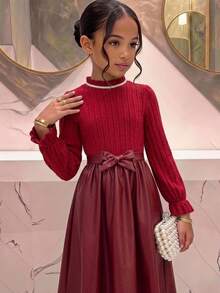SHEIN Tween Girl Knit Solid Color Small Stand Collar Patchwork Woven Solid Color PU Leather Hem Casual Dress - Multicolor - View 4
