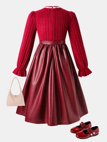 SHEIN Tween Girl Knit Solid Color Small Stand Collar Patchwork Woven Solid Color PU Leather Hem Casual Dress - Multicolor - View 8