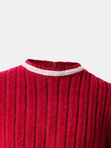 SHEIN Tween Girl Knit Solid Color Small Stand Collar Patchwork Woven Solid Color PU Leather Hem Casual Dress - Multicolor - View 10