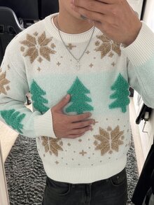 Manfinity Homme 秋冬新款聖誕樹白色雪花針織套頭長袖毛衣 男士家庭裝 家庭宴會適用（不含嬰兒與兒童） - 白色 - 查看 6