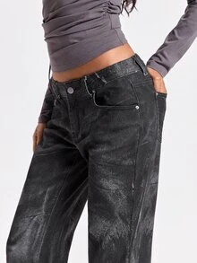 ROMWE Autumn/Winter Y2K Street Style Zipper Transformable Ultra Low Waist Skinny Distressed Mottled Print Slim Fit Straight Leg Flared Jeans - Black - View 2