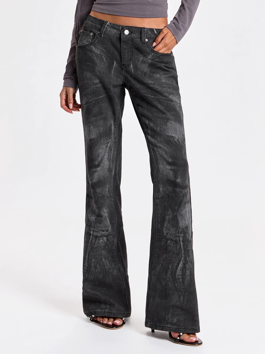 ROMWE Autumn/Winter Y2K Street Style Zipper Transformable Ultra Low Waist Skinny Distressed Mottled Print Slim Fit Straight Leg Flared Jeans - Black - View 1