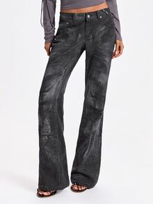 ROMWE Autumn/Winter Y2K Street Style Zipper Transformable Ultra Low Waist Skinny Distressed Mottled Print Slim Fit Straight Leg Flared Jeans - Black - View 3