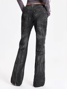 ROMWE Autumn/Winter Y2K Street Style Zipper Transformable Ultra Low Waist Skinny Distressed Mottled Print Slim Fit Straight Leg Flared Jeans - Black - View 4