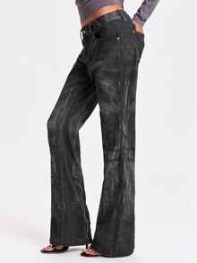 ROMWE Autumn/Winter Y2K Street Style Zipper Transformable Ultra Low Waist Skinny Distressed Mottled Print Slim Fit Straight Leg Flared Jeans - Black - View 5