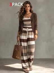 Linhara CURVE Conjunto de 3 piezas para mujer de moda casual de unicolor con cárdigan de punto, pantalones y top de tirantes, elegante y casual para ir al trabajo y uso diario, otoño
