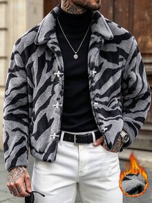 Zorclune 男士斑馬條紋翻領金屬飛機扣寬鬆休閒大衣，老錢風聖誕街頭風 - 灰色 - 查看 5