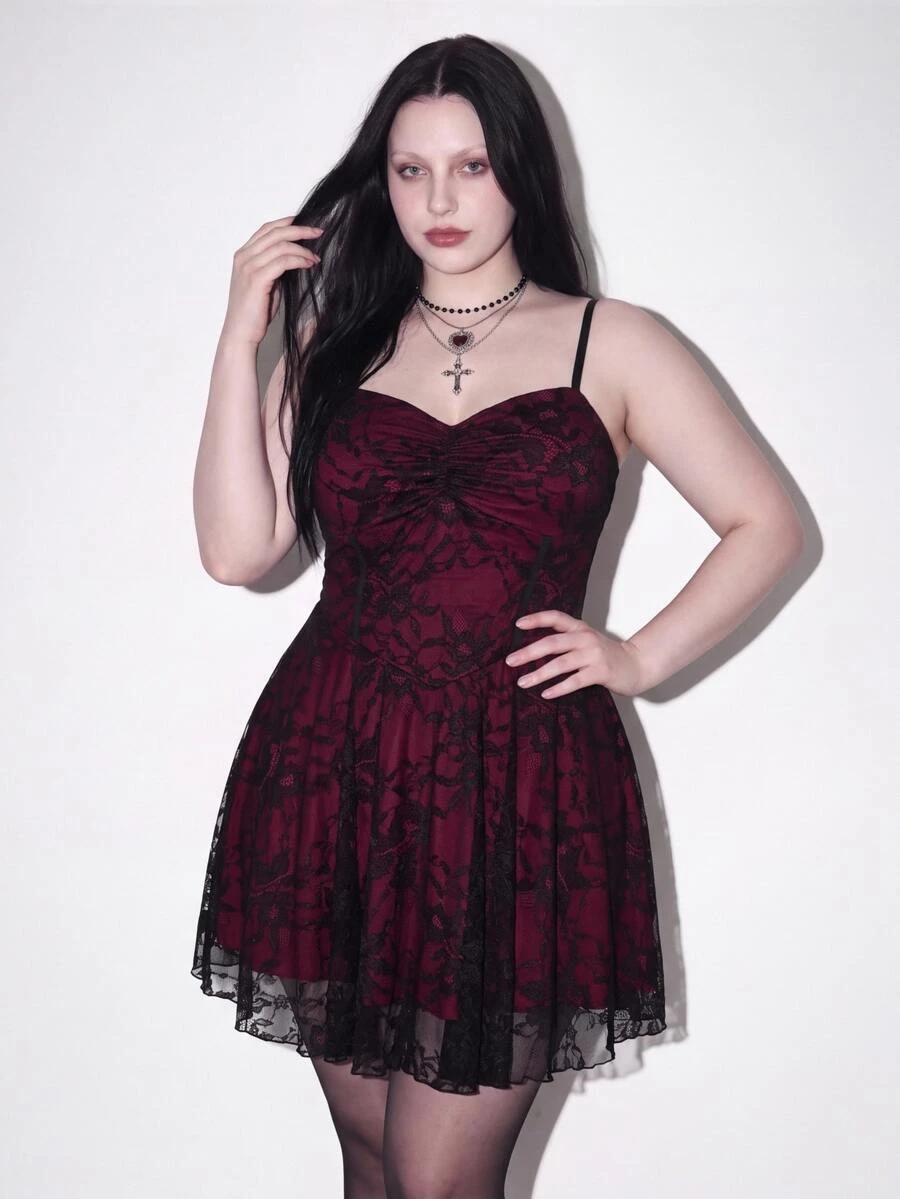 SHEIN ICON Plus Size Square Neck Ruched Lace Color Block Slip Dress, Y2K 1950s Vintage Goth 90s Party Cocktail Concert Halloween Costume Burgundy Summer - Burgundy - View 1