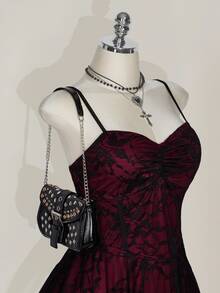 SHEIN ICON Plus Size Square Neck Ruched Lace Color Block Slip Dress, Y2K 1950s Vintage Goth 90s Party Cocktail Concert Halloween Costume Burgundy Summer - Burgundy - View 10