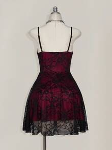 SHEIN ICON Plus Size Square Neck Ruched Lace Color Block Slip Dress, Y2K 1950s Vintage Goth 90s Party Cocktail Concert Halloween Costume Burgundy Summer - Burgundy - View 12