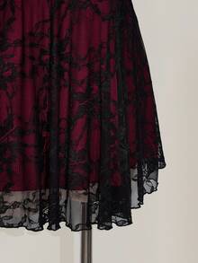 SHEIN ICON Plus Size Square Neck Ruched Lace Color Block Slip Dress, Y2K 1950s Vintage Goth 90s Party Cocktail Concert Halloween Costume Burgundy Summer - Burgundy - View 11