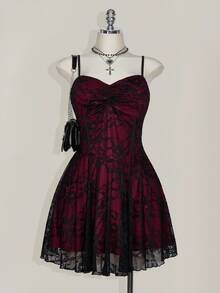 SHEIN ICON Plus Size Square Neck Ruched Lace Color Block Slip Dress, Y2K 1950s Vintage Goth 90s Party Cocktail Concert Halloween Costume Burgundy Summer - Burgundy - View 8