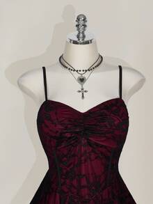 SHEIN ICON Plus Size Square Neck Ruched Lace Color Block Slip Dress, Y2K 1950s Vintage Goth 90s Party Cocktail Concert Halloween Costume Burgundy Summer - Burgundy - View 4