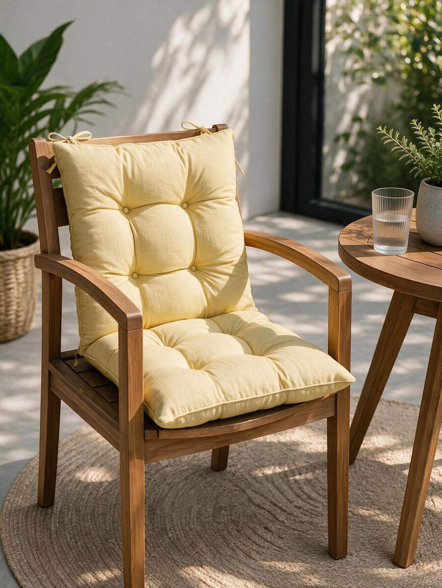 High-Back Chair Cushion – One-Piece Seat And Back Cushion – Tie-On, Thickly Padded - Yellow - View 1