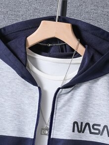 Teen Boys Color Block Zip Up Hooded Jacket & Side Stripe Pants 2pcs Fall Winter Casual Streetwear Tracksuit Outfit Set For School - Blue - View 4