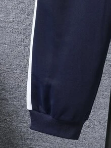 Teen Boys Color Block Zip Up Hooded Jacket & Side Stripe Pants 2pcs Fall Winter Casual Streetwear Tracksuit Outfit Set For School - Blue - View 5