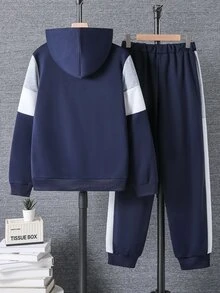 Teen Boys Color Block Zip Up Hooded Jacket & Side Stripe Pants 2pcs Fall Winter Casual Streetwear Tracksuit Outfit Set For School - Blue - View 3
