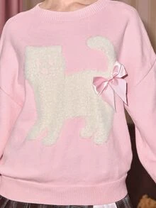Sweetness Women's Cute Pink Fuzzy Cat Pattern Crew Neck Pullover Sweater, Autumn/Winter - Pink - View 2
