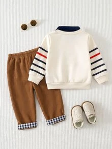 SHEIN Baby Boy Style Faux 2-Piece Set, Striped Half-Zip Pullover Autumn Top With Casual Patchwork Corduroy Thick Straight-Leg Pants, Suitable For Winter - Multicolor - View 2