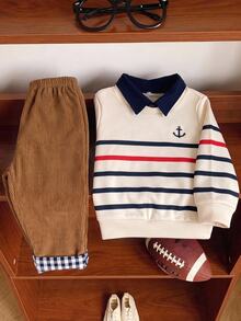 SHEIN Baby Boy Style Faux 2-Piece Set, Striped Half-Zip Pullover Autumn Top With Casual Patchwork Corduroy Thick Straight-Leg Pants, Suitable For Winter - Multicolor - View 6